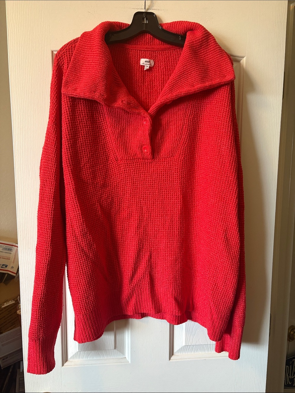 Aerie Red and White Waffle Knit Sweater with big neck and buttons size L